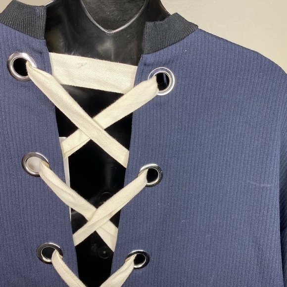 Trafaluc Zara Womens Navy Lace Up Back Long Sleeve Oversized Sweater Sz S - Picture 4 of 6